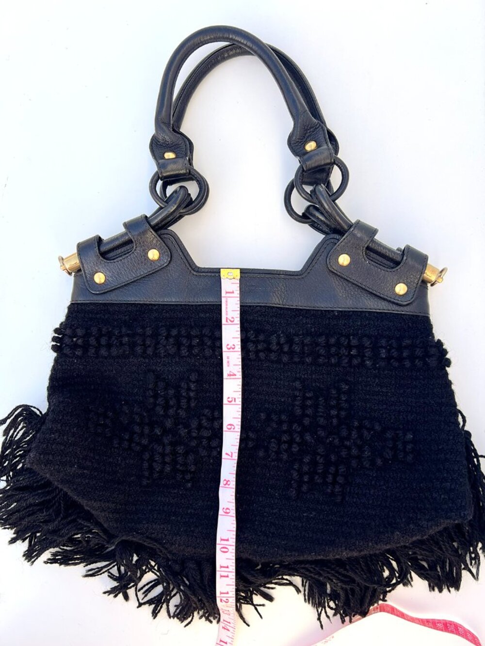 FERRAGAMO Black Fringe Knit Leather Hobo Bag Y2K - Picture 5 of 12